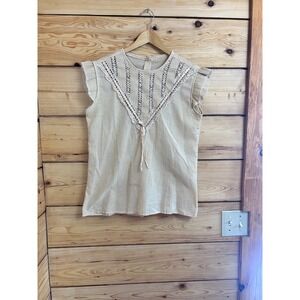 Vintage Style Lace Inset Smocked Blouse Oatmeal Beige Flutter Sleeve Button Back